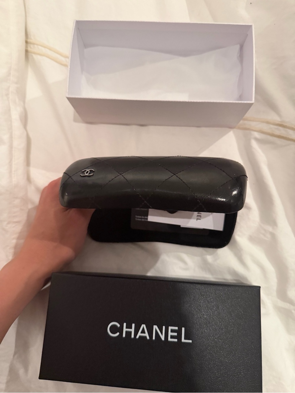 CHANEL Black Quilted Leather Sunglass Case with CC Emblem